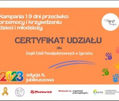 Przejdź do - "Emilka" z dyplomem międzynarodowej kampani “19 dni przeciwko przemocy wobec dzieci i młodzieży”.
